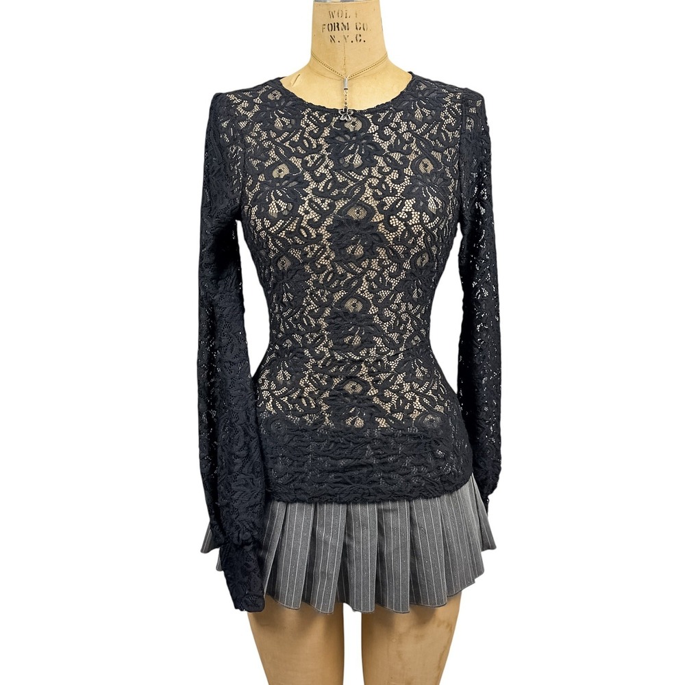 Y2K Floral Lace Gothic Top Long Sleeve Sheer Black Whimsigoth Victorian XS